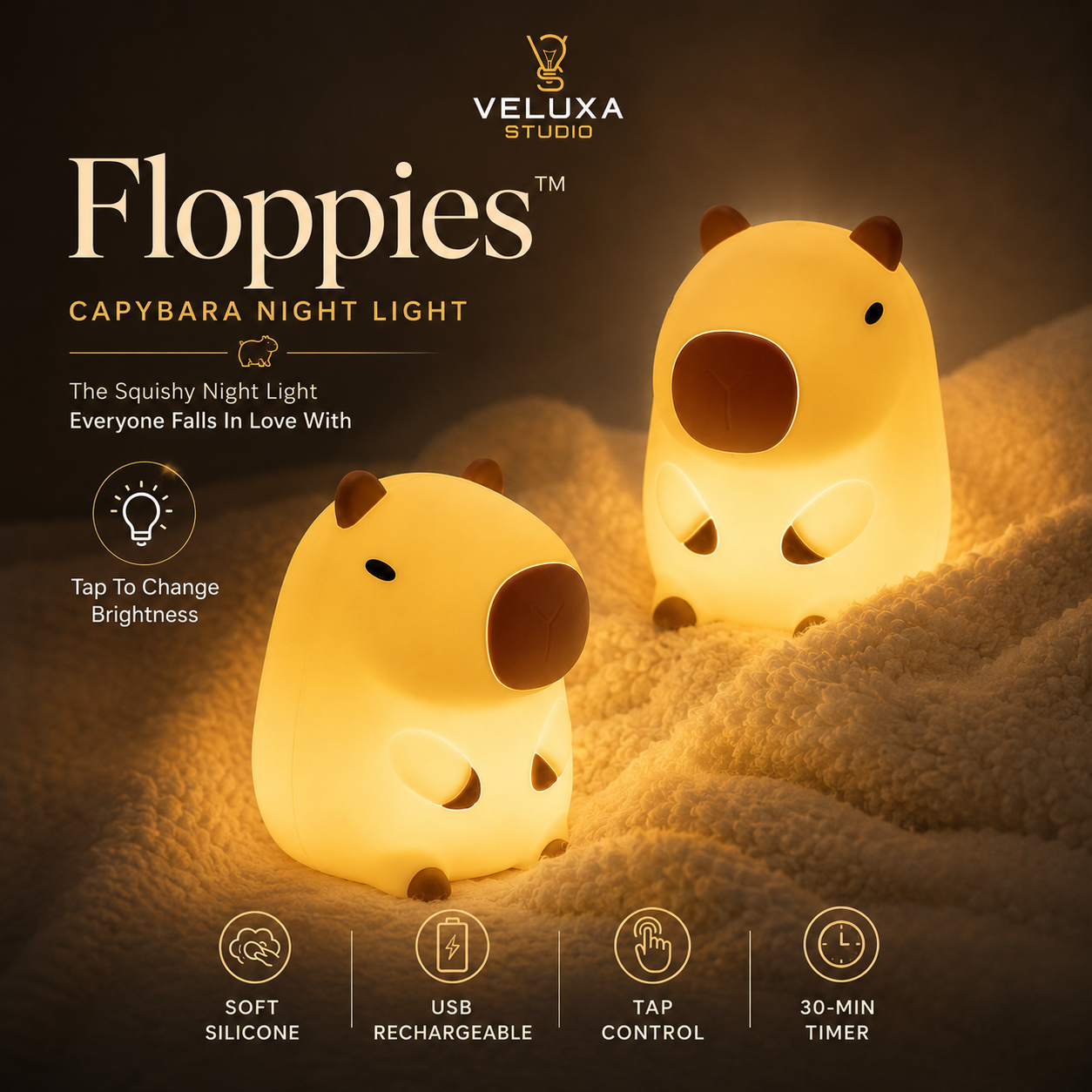 Capybara Floppie night light on bedside table